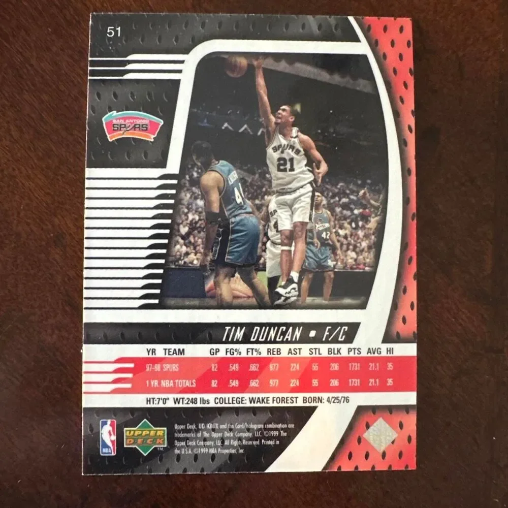 Tim Duncan Upper Deck UD Ionix basketball card 2nd Year 1998-99 Spurs